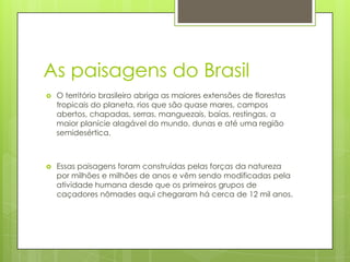 As paisagens do Brasil


O território brasileiro abriga as maiores extensões de florestas
tropicais do planeta, rios que são quase mares, campos
abertos, chapadas, serras, manguezais, baías, restingas, a
maior planície alagável do mundo, dunas e até uma região
semidesértica.



Essas paisagens foram construídas pelas forças da natureza
por milhões e milhões de anos e vêm sendo modificadas pela
atividade humana desde que os primeiros grupos de
caçadores nômades aqui chegaram há cerca de 12 mil anos.

 