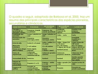 O quadro a seguir, adaptado de Barbosa et al, 2000, traz um
resumo das principais características das espécies pioneiras,
secundárias e climácicas.

 