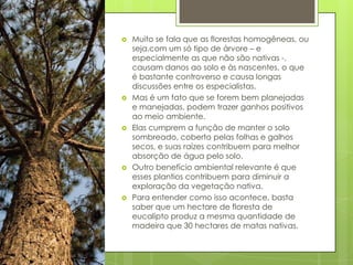 









Muito se fala que as florestas homogêneas, ou
seja,com um só tipo de árvore – e
especialmente as que não são nativas -,
causam danos ao solo e às nascentes, o que
é bastante controverso e causa longas
discussões entre os especialistas.
Mas é um fato que se forem bem planejadas
e manejadas, podem trazer ganhos positivos
ao meio ambiente.
Elas cumprem a função de manter o solo
sombreado, coberto pelas folhas e galhos
secos, e suas raízes contribuem para melhor
absorção de água pelo solo.
Outro benefício ambiental relevante é que
esses plantios contribuem para diminuir a
exploração da vegetação nativa.
Para entender como isso acontece, basta
saber que um hectare de floresta de
eucalipto produz a mesma quantidade de
madeira que 30 hectares de matas nativas.

 