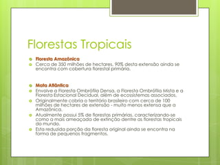 Florestas Tropicais











Floresta Amazônica
Cerca de 350 milhões de hectares, 90% desta extensão ainda se
encontra com cobertura florestal primária.
Mata Atlântica
Envolve a Floresta Ombrófila Densa, a Floresta Ombrófila Mista e a
Floresta Estacional Decidual, além de ecossistemas associados,
Originalmente cobria o território brasileiro com cerca de 100
milhões de hectares de extensão - muito menos extensa que a
Amazônica.
Atualmente possui 5% de florestas primárias, caracterizando-se
como a mais ameaçada de extinção dentre as florestas tropicais
do mundo.
Esta reduzida porção da floresta original ainda se encontra na
forma de pequenos fragmentos.

 