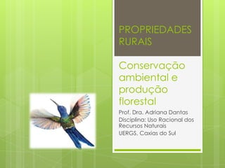 PROPRIEDADES
RURAIS
Conservação
ambiental e
produção
florestal
Prof. Dra. Adriana Dantas
Disciplina: Uso Racional dos
Recursos Naturais
UERGS, Caxias do Sul

 