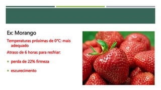 Ex: Morango
Temperaturas próximas de 0°C: mais
adequado
Atraso de 6 horas para resfriar:
 perda de 22% firmeza
 escurecimento
 