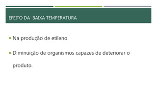 EFEITO DA BAIXA TEMPERATURA
 Na produção de etileno
 Diminuição de organismos capazes de deteriorar o
produto.
 
