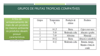 GRUPOS DE FRUTAS TROPICAIS COMPATÍVEIS
A fins de
armazenamento de
mais de um produto
no mesmo ambiente
os produtos devem
possuir
características
semelhantes.
 