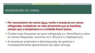REFRIGERAÇÃO DE CARNES
 Por necessitarem de menos água, mofos e leveduras em carnes
refrigeradas multiplicam-se mais ativamente que as bactérias,
sempre que a temperatura e a umidade forem baixos.
 O bolor mais frequente na carne refrigerada é o Penicillium e, entre
os menos frequentes, encontra-se o Mucor e o Cladosporium.
 As leveduras ocasionam a decomposição da gordura e
consequentemente aparecimento de sabor amargo
 