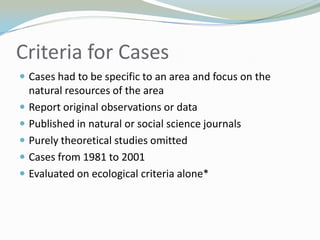 Criteria for CasesCases had to be specific to an area and focus on the natural resources of the areaReport original observations or dataPublished in natural or social science journalsPurely theoretical studies omittedCases from 1981 to 2001Evaluated on ecological criteria alone*