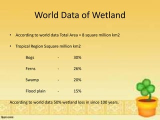 World Data of Wetland
• According to world data Total Area = 8 square million km2
• Tropical Region 5square million km2
Bogs - 30%
Ferns - 26%
Swamp - 20%
Flood plain - 15%
According to world data 50% wetland loss in since 100 years.
 