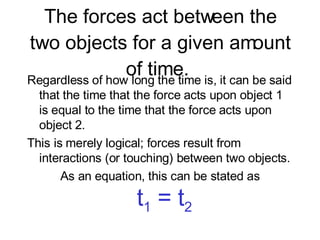 The forces act between the two objects for a given amount of time.  Regardless of how long the time is, it can be said that the time that the force acts upon object 1 is equal to the time that the force acts upon object 2.  This is merely logical; forces result from interactions (or touching) between two objects.  As an equation, this can be stated as t 1  = t 2   