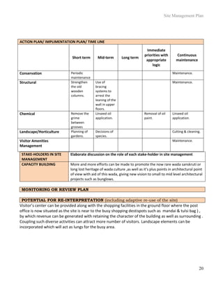 Site Management Plan
20
STAKE-HOLDERS IN SITE
MANAGEMENT
Elaborate discussion on the role of each stake-holder in site management
CAPACITY BUILDING More and more efforts can be made to promote the now rare wada sanskruti or
long lost heritage of wada culture ,as well as it’s plus points in architectural point
of view with aid of this wada, giving new vision to small to mid level architectural
projects such as bunglows.
Visitor’s center can be provided along with the shopping facilities in the ground floor where the post
office is now situated as the site is near to the busy shopping destispots such as mandai & tulsi bag ) ,
by which revenue can be generated with retaining the character of the building as well as surrounding .
Coupling such diverse activities can attract more number of visitors. Landscape elements can be
incorporated which will act as lungs for the busy area.
ACTION PLAN/ IMPLIMENTATION PLAN/ TIME LINE
Short term Mid-term Long term
Immediate
priorities with
appropriate
logic
Continuous
maintenance
Conservation Periodic
maintenance
Maintenance.
Structural Strengthen
the old
wooden
columns.
Use of
bracing
systems to
arrest the
leaning of the
wall in upper
floors.
Maintenance.
Chemical Remove the
grime
between
grooves
Linseed oil
application.
Removal of oil
paint.
Linseed oil
application.
Landscape/Horticulture Planning of
gardens.
Decisions of
species.
Cutting & cleaning.
Visitor Amenities
Management
Maintenance.
MONITORING OR REVIEW PLAN
POTENTIAL FOR RE-INTERPRETATION (including adaptive re-use of the site)
 
