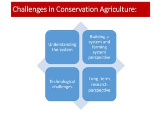 Challenges in Conservation Agriculture:
Understanding
the system
Building a
system and
farming
system
perspective
Technological
challenges
Long -term
research
perspective
 