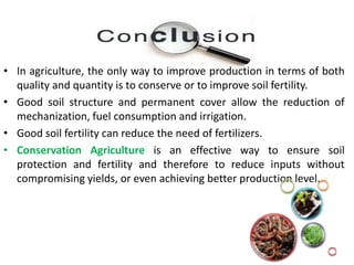 • In agriculture, the only way to improve production in terms of both
quality and quantity is to conserve or to improve soil fertility.
• Good soil structure and permanent cover allow the reduction of
mechanization, fuel consumption and irrigation.
• Good soil fertility can reduce the need of fertilizers.
• Conservation Agriculture is an effective way to ensure soil
protection and fertility and therefore to reduce inputs without
compromising yields, or even achieving better production level.
 