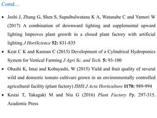 Contd…
 Joshi J, Zhang G, Shen S, Supaibulwatana K A, Watanabe C and Yamori W
(2017) A combination of downward lighting and supplemental upward
lighting Improves plant growth in a closed plant factory with artificial
lighting J HortScience 52: 831-835
 Keat C K and Kannan C (2015) Development of a Cylindrical Hydroponics
System for Vertical Farming J Agri Sc. and Tech. 5: 93-100
 Ohashi K, Imai and Kobayashi, W (2015) Yield and fruit quality of several
wild and domestic tomato cultivars grown in an environmentally controlled
agricultural facility (plant factory) ISHS J Acta Horticulture 1170: 989-994
 Kozai T, Takagaki M and Niu G (2016) Plant Factory Pp. 297-315.
Academic Press
 