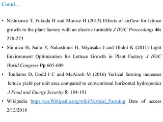 Contd…
• Nishikawa T, Fukuda H and Murase H (2013) Effects of airflow for lettuce
growth in the plant factory with an electric turntable J IFAC Proceedings 46:
270-273
• Shimizu H, Saito Y, Nakashima H, Miyasaka J and Ohdoi K (2011) Light
Environment Optimization for Lettuce Growth in Plant Factory J IFAC
World Congress Pp 605-609
• Touliatos D, Dodd I C and McAinsh M (2016) Vertical farming increases
lettuce yield per unit area compared to conventional horizontal hydroponics
J Food and Energy Security 5: 184-191
• Wikipedia https://en.Wikipedia.org/wiki/Vertical_Farming Date of access
2/12/2018
 