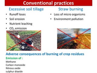 Conventional practices
Excessive soil tillage
• Runoff loses
• Soil erosion
• Nutrient leaching
• CO2 emission
Straw burning
• Loss of micro organisms
• Environment pollution
Adverse consequences of burning of crop residues
Emission of :
Methane
Carbon monoxide
Nitrous oxide
sulphur dioxide
 