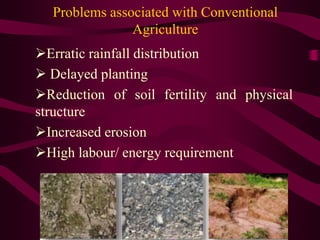 Problems associated with Conventional
Agriculture
Erratic rainfall distribution
 Delayed planting
Reduction of soil fertility and physical
structure
Increased erosion
High labour/ energy requirement
 