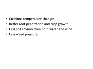 • Cushions temperature changes
• Better root penetration and crop growth
• Less soil erosion from both water and wind
• Less weed pressure
 