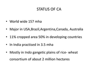 STATUS OF CA
• World wide 157 mha
• Major in USA,Brazil,Argentina,Canada, Australia
• 11% cropped area 50% in developing countries
• In India practised in 3.5 mha
• Mostly in Indo gangetic plains of rice- wheat
consortium of about 2 million hectares
 