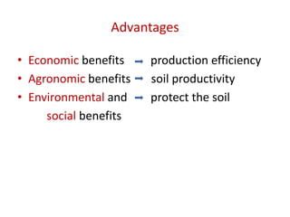 Advantages
• Economic benefits production efficiency
• Agronomic benefits soil productivity
• Environmental and protect the soil
social benefits
 