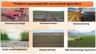 Problems associated with conventional agriculture
Excessive soil tillage Increased erosion Residue burning
Erratic rainfall distribution Delayed planting High labour/energy requirement
 