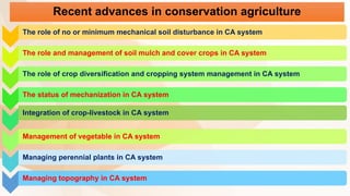 The role of no or minimum mechanical soil disturbance in CA system
The role and management of soil mulch and cover crops in CA system
The role of crop diversification and cropping system management in CA system
The status of mechanization in CA system
Integration of crop-livestock in CA system
Management of vegetable in CA system
Managing perennial plants in CA system
Managing topography in CA system
Recent advances in conservation agriculture
 
