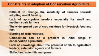 Constraints in adoption of Conservation Agriculture
• Difficult to change the mentality of farmers towards
adopting no-till farming.
• Lack of appropriate seeders especially for small and
medium scale farmers.
• The wide spread use of crop residues for livestock feed and
fuel.
• Burning of crop residues.
• Compaction can be a problem in initial stage of
conservation agriculture.
• Lack of knowledge about the potential of CA to agriculture
leaders, extension agents and farmers.
• Skilled and scientific manpower.
 