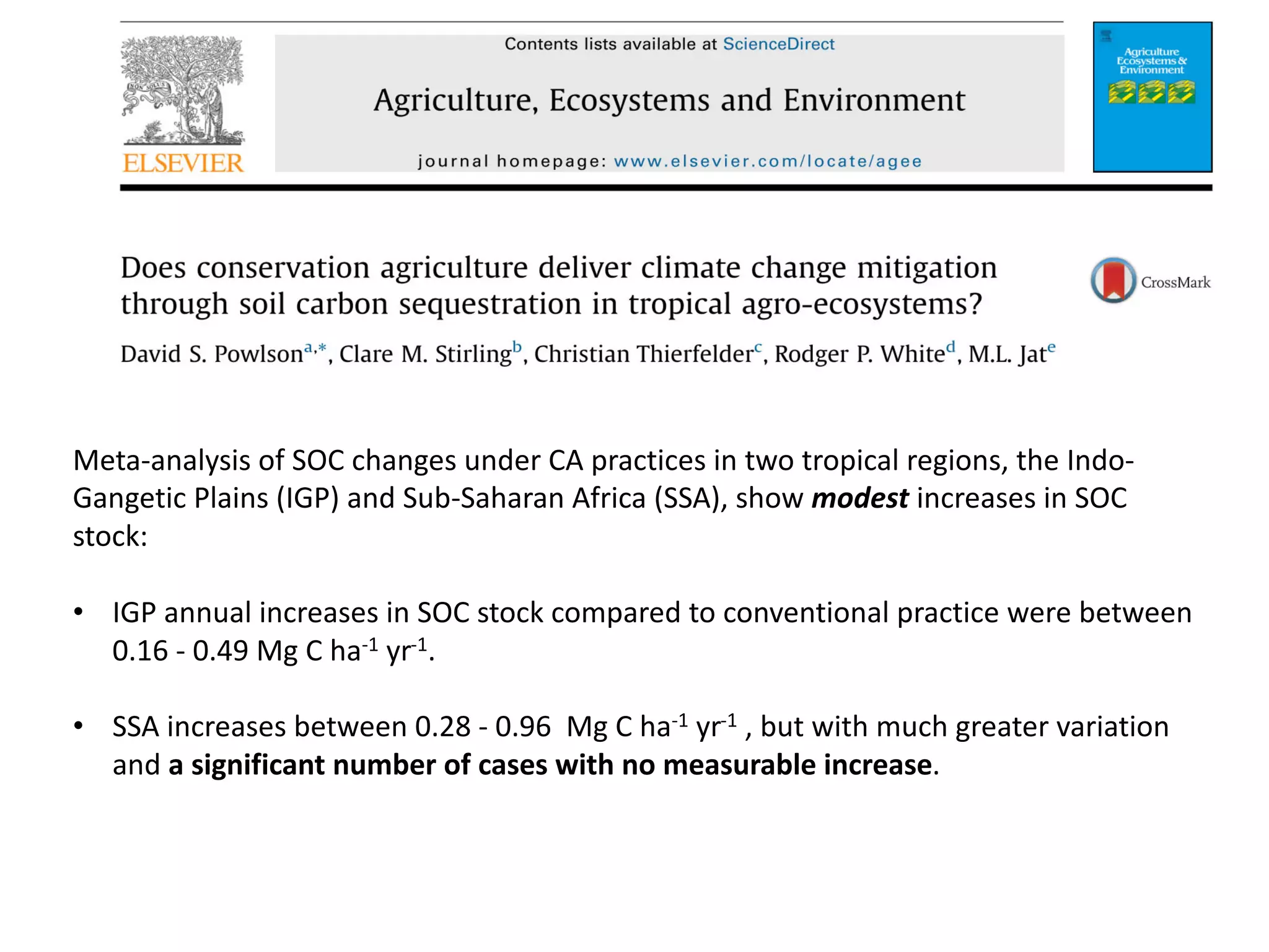 Meta-analysis of SOC changes under CA practices in two tropical regions, the Indo-
Gangetic Plains (IGP) and Sub-Saharan Africa (SSA), show modest increases in SOC
stock:
• IGP annual increases in SOC stock compared to conventional practice were between
0.16 - 0.49 Mg C ha-1 yr-1.
• SSA increases between 0.28 - 0.96 Mg C ha-1 yr-1 , but with much greater variation
and a significant number of cases with no measurable increase.