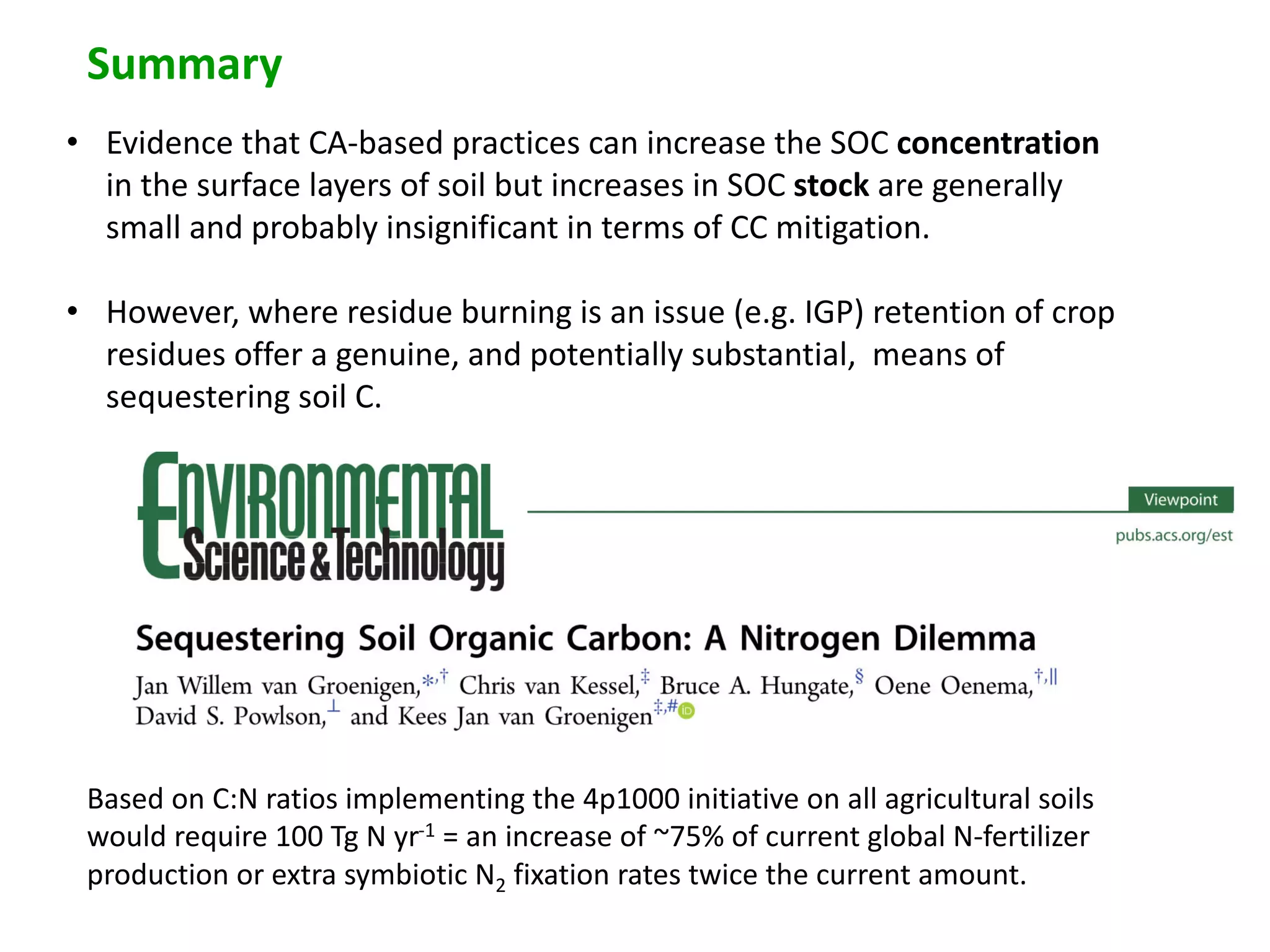 Summary
• Evidence that CA-based practices can increase the SOC concentration
in the surface layers of soil but increases in SOC stock are generally
small and probably insignificant in terms of CC mitigation.
• However, where residue burning is an issue (e.g. IGP) retention of crop
residues offer a genuine, and potentially substantial, means of
sequestering soil C.
Based on C:N ratios implementing the 4p1000 initiative on all agricultural soils
would require 100 Tg N yr-1 = an increase of ~75% of current global N-fertilizer
production or extra symbiotic N2 fixation rates twice the current amount.