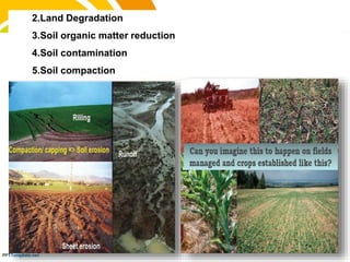 2.Land Degradation
3.Soil organic matter reduction
4.Soil contamination
5.Soil compaction
 