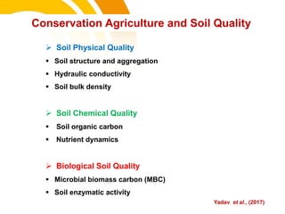 Conservation Agriculture and Soil Quality
 Soil Physical Quality
 Soil structure and aggregation
 Hydraulic conductivity
 Soil bulk density
 Soil Chemical Quality
 Soil organic carbon
 Nutrient dynamics
 Biological Soil Quality
 Microbial biomass carbon (MBC)
 Soil enzymatic activity
Yadav et al., (2017)
cost.
 