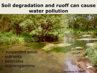 Soil degradation and ruoff can cause
water pollution
- suspended solids
- nutrients
- pesticides
- microroganisms
(Case study in GB)
 