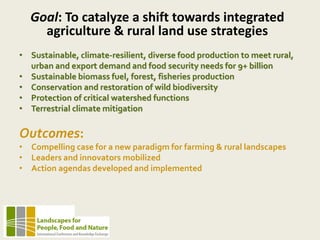 Goal: To catalyze a shift towards integrated
agriculture & rural land use strategies
• Sustainable, climate-resilient, diverse food production to meet rural,
urban and export demand and food security needs for 9+ billion
• Sustainable biomass fuel, forest, fisheries production
• Conservation and restoration of wild biodiversity
• Protection of critical watershed functions
• Terrestrial climate mitigation
Outcomes:
• Compelling case for a new paradigm for farming & rural landscapes
• Leaders and innovators mobilized
• Action agendas developed and implemented
 