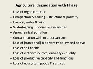 Agricultural degradation with tillage
– Loss of organic matter
– Compaction & sealing – structure & porosity
– Erosion, water & wind
– Waterlogging, flooding & avalanches
– Agrochemical pollution
– Contamination with microorganisms
– Loss of (functional) biodiversity below and above
– Loss of soil health
– Loss of water resources, quantity & quality
– Loss of productive capacity and functions
– Loss of ecosystem goods & services
 
