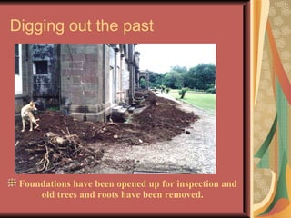 Digging out the past Foundations have been opened up for inspection and old trees and roots have been removed. 