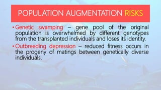• Genetic swamping – gene pool of the original
population is overwhelmed by different genotypes
from the transplanted individuals and loses its identity.
• Outbreeding depression – reduced fitness occurs in
the progeny of matings between genetically diverse
individuals.
POPULATION AUGMENTATION RISKS
 