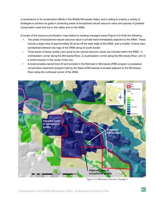 a cornerstone to its conservation efforts in the Middle Minnesota Valley, and is willing to employ a variety of
 strategies to achieve its goals in protecting areas of exceptional natural resource value and species of greatest
 conservation need that live in the Valley and on the WMA.


 A review of the resource prioritization map relative to existing managed areas (Figure 4.2) ﬁnds the following:
   •   Two areas of exceptional natural resource value in private hand immediately adjacent to the WMA. These
       include a large area of approximately 50 acres off the west edge of the WMA, and a smaller 15-acre area
       sandwiched between two legs of the WMA along its south border.
   •   Three areas of lesser quality (very good to low natural resource value) are included within the WMA: 1)
       northwestern corner along the Minnesota River, 2) southeastern corner along the Minnesota River, and 3)
       a small inclusion in the center of the unit.
   •   A small privately-owned tract of land enrolled in the Reinvest in Minnesota (RIM) program (a perpetual
       conservation easement program held by the State of Minnesota) is located adjacent to the Minnesota
       River along the northwest corner of the WMA.




                     Adjacent land
                     of exceptional
                     quality
                                                                                   Potential
                                                      WMA                          Restoration




                                                                Adjacent land of
                                                                exceptional quality

                                                              Figure 4.2: Illustrative Overview Example 1



                                                                                                                   51
Conservation in the Middle Minnesota Valley: A Blueprint and Action Plan
 