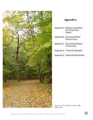 Appendices

                                                          Appendix A: Building a foundation
                                                                      for Conservation
                                                                      Design

                                                          Appendix B: Documented Rare
                                                                      Flora & Fauna

                                                          Appendix C: Documented Natural
                                                                      Communities

                                                          Appendix D: Threats & Strategies

                                                          Appendix E: Historical/Cultural Sites




                                                          Figure A.1: Fall in the Minnesota River Valley
                                                          ©Brad Cobb


                                                                                                           73
Conservation in the Middle Minnesota Valley: A Blueprint and Action Plan
 