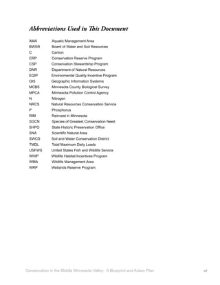 Abbreviations Used in This Document
  AMA         Aquatic Management Area
  BWSR        Board of Water and Soil Resources
  C           Carbon
  CRP         Conservation Reserve Program
  CSP         Conservation Stewardship Program
  DNR         Department of Natural Resources
  EQIP        Environmental Quality Incentive Program
  GIS         Geographic Information Systems
  MCBS        Minnesota County Biological Survey
  MPCA        Minnesota Pollution Control Agency
  N           Nitrogen
  NRCS        Natural Resources Conservation Service
  P           Phosphorus
  RIM         Reinvest in Minnesota
  SGCN        Species of Greatest Conservation Need
  SHPO        State Historic Preservation Ofﬁce
  SNA         Scientiﬁc Natural Area
  SWCD        Soil and Water Conservation District
  TMDL        Total Maximum Daily Loads
  USFWS       United States Fish and Wildlife Service
  WHIP        Wildlife Habitat Incentives Program
  WMA         Wildlife Management Area
  WRP         Wetlands Reserve Program




Conservation in the Middle Minnesota Valley: A Blueprint and Action Plan   vii
 