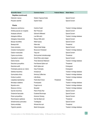 Scientiﬁc Name                        Common Name                    Federal Status   State Status

  Reptiles (continued)
Heterodon nasicus                     Western Hognose Snake                           Special Concern
Pituophis catenifer                   Gopher Snake                                    Special Concern


  Plants
Alopecurus carolinianus               Carolina Foxtail                                Tracked in heritage database
Aristida purpurea var. longiseta      Red Three-awn                                   Special Concern
Asclepias sullivantii                 Sullivant's Milkweed                            Special Concern
Astragalus lotiﬂorus                  Low Milk-vetch                                  Tracked in heritage database
Astragalus missouriensis              Missouri Milk-vetch                             Special Concern
Bacopa rotundifolia                   Water-hyssop                                    Special Concern
Besseya bullii                        Kitten-tails                                    Threatened
Carex annectens                       Yellow-fruited Sedge                            Special Concern
Cerastium brachypodum                 Mouse-ear Chickweed                             Tracked in heritage database
Cladium mariscoides                   Twig-rush                                       Special Concern
Cyperus acuminatus                    Short-pointed Umbrella-sedge                    Threatened
Cypripedium candidum                  Small White Lady's-slipper                      Special Concern
Elatine triandra                      Three Stamened Waterwort                        Tracked in heritage database
Eleocharis quinqueﬂora                Few-ﬂowered Spike-rush                          Threatened
Eleocharis wolﬁi                      Wolf's Spike-rush                               Endangered
Fimbristylis puberula var. interior   Hairy Fimbristylis                              Endangered
Gleditsia triacanthos                 Honeylocust                                     Tracked in heritage database
Gymnocladus dioica                    Kentucky Coffee-tree                            Tracked in heritage database
Hordeum pusillum                      Little Barley                                   Tracked in heritage database
Lespedeza leptostachya                Prairie Bush Clover            Threatened       Threatened
Monolepis nuttalliana                 Povertyweed                                     Tracked in heritage database
Myosotis verna                        Forget-me-not                                   Tracked in heritage database
Myosurus minimus                      Mousetail                                       Tracked in heritage database
Opuntia macrorhiza                    Plains Prickly Pear                             Special Concern
Orobanche fasciculata                 Clustered Broomrape                             Special Concern
Panax quinquefolius                   American Ginseng                                Special Concern
Rhynchospora capillacea               Hair-like Beak-rush                             Threatened
Schedonnardus paniculatus             Tumblegrass                                     Special Concern
Scleria verticillata                  Whorled Nut-rush                                Threatened
Triglochin palustris                  Marsh Arrow-grass                               Tracked in heritage database


                                                                                                                     81
Conservation in the Middle Minnesota Valley: A Blueprint and Action Plan
 