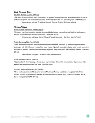 Rock Outcrop Types
   Southern Bedrock Outcrop (ROs12)
   “Dry, open lichen-dominated plant communities on areas of exposed bedrock. Woody vegetation is sparse,
   and vascular plants are restricted to crevices, shallow soil deposits, and rainwater pools.” (MNDNR 2005).
               Documented subtype: Crystalline Bedrock Outcrop (Prairie) MN River Subtype


   Wetland Types
   Prairie Bulrush-Arrowhead Marsh (MRp39)
   “Emergent marsh communities typically dominated by bulrushes, bur reeds, arrowheads, or spikerushes.
   Present along lakeshores and stream borders.” (MNDNR 2010a).
               Documented subtypes: Bulrush Marsh (Prairie), Spikerush - Bur Reed Marsh (Prairie)


   Prairie Extremely Rich Fen (OPp93)
   “Open graminoid-dominated fens on permanently saturated peat sustained by mineral-rich groundwater
   discharge, with little inﬂuence from surface water inputs. Typically present on sloping sites; peat is sometimes
   mounded or domed. Small pools and sparsely vegetated marly peat areas are commonly present.” (MNDNR
   2010a).
               Documented subtypes: Calcareous Fen (Southwestern)


   Prairie Wet Meadow/Carr (WMp73)
   “ Open wetlands dominated by a dense cover of graminoids. Present in small, shallow depressions in the
   western and southern parts of the state.” (MNDNR 2005)


   Southern Seepage Meadow/Carr (WMs83)
   “Open wetlands dominated by a dense cover of hummock-forming broadleaved sedges or tall shrubs.
   Present in areas of groundwater seepage along streams and drainage ways, on sloping terraces, and at
   bases of slopes.” (MNDNR 2010a).




                                                                                                                85
Conservation in the Middle Minnesota Valley: A Blueprint and Action Plan
 