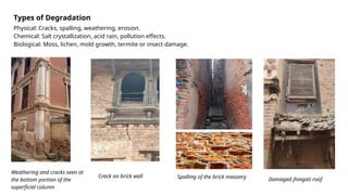 Types of Degradation
Physical: Cracks, spalling, weathering, erosion.
Chemical: Salt crystallization, acid rain, pollution effects.
Biological: Moss, lichen, mold growth, termite or insect damage.
Weathering and cracks seen at
the bottom portion of the
superficial column
Spalling of the brick masonry Damaged jhingati roof
Crack on brick wall
 