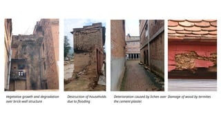 Vegetative growth and degradation
over brick wall structure
Destruction of households
due to flooding
Deterioration caused by lichen over
the cement plaster.
Damage of wood by termites
 