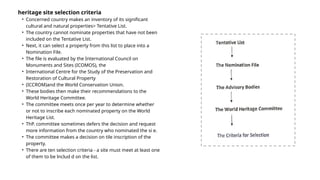 heritage site selection criteria
• Concerned country makes an inventory of its significant
cultural and natural properties> Tentative List.
• The country cannot nominate properties that have not been
included on the Tentative List.
• Next, it can select a property from this list to place into a
Nomination File.
• The file is evaluated by the International Council on
Monuments and Sites (ICOMOS), the
• International Centre for the Study of the Preservation and
Restoration of Cultural Property
• (ICCROM)and the World Conservation Union.
• These bodies then make their recommendations to the
World Heritage Committee.
• The committee meets once per year to determine whether
or not to inscribe each nominated property on the World
Heritage List.
• ThP. committee sometimes defers the decision and request
more information from the country who nominated the si e.
• The committee makes a decision on tile inscription of the
property.
• There are ten selection criteria - a site must meet at least one
of them to be lnclud d on the list.
 