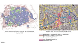 Urban pattern transformations within the city walls of the Old
City since 1930s
The ‘Twin Cities’ of Sana’a : The Old City and Bir Al Azab
Source: [1]
Ancient walls of the Old City of Sana’a (6-9 meters high)
Ancient walls of Bir Al Azab (Demolished)
New pattern of thoroughfares
Ancient main roads
New Central Business District
Historic Souk Area
 