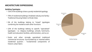 ARCHITECTURE EXPRESSIONS
Building Typologies
• 72% of the buildings show a purely residential typology
• 70% of residential buildings inhabited only by one family -
Traditional Housing Pattern of Arab Cities
• 6% of the buildings belong to "mixed" typologies
combining the residence with other functions
• 22% of the buildings belong to specific "specialised"
typologies - i.e. religious buildings, schools, hammams,
health and education facilities, administration, and so on
• Souks and other strongly specialized traditional
commercial structures -Surrounded by or inserted within
residential quarters - Fundamental components of
historic urban fabric
Building Typology
 