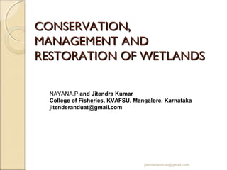 CONSERVATION,
MANAGEMENT AND
RESTORATION OF WETLANDS
NAYANA.P and Jitendra Kumar
College of Fisheries, KVAFSU, Mangalore, Karnataka
jitenderanduat@gmail.com

jitenderanduat@gmail.com

 