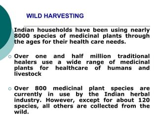 WILD HARVESTING
 Indian households have been using nearly
8000 species of medicinal plants through
the ages for their health care needs.
 Over one and half million traditional
healers use a wide range of medicinal
plants for healthcare of humans and
livestock
 Over 800 medicinal plant species are
currently in use by the Indian herbal
industry. However, except for about 120
species, all others are collected from the
wild.
 