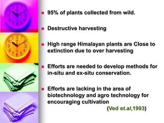  95% of plants collected from wild.
 Destructive harvesting
 High range Himalayan plants are Close to
extinction due to over harvesting
 Efforts are needed to develop methods for
in-situ and ex-situ conservation.
 Efforts are lacking in the area of
biotechnology and agro technology for
encouraging cultivation
(Ved et.al,1993)
 