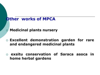 Other works of MPCA
 Medicinal plants nursery
 Excellent demonstration garden for rare
and endangered medicinal plants
 exsitu conservation of Saraca asoca in
home herbal gardens
 