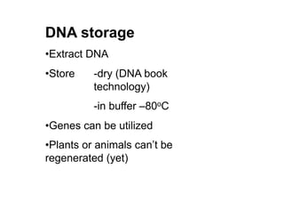 DNA storage
• Extract DNA
• Store -dry (DNA book
technology)
-in buffer –80oC
• Genes can be utilized
• Plants or animals can’t be
regenerated (yet)
 