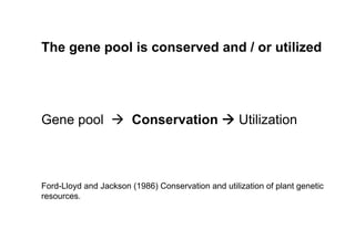 The gene pool is conserved and / or utilized
Gene pool à Conservation  Utilization
Ford-Lloyd and Jackson (1986) Conservation and utilization of plant genetic
resources.
 